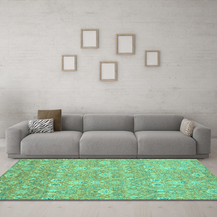 Machine Washable Oriental Turquoise Modern Area Rugs in a Living Room,, wshabs2647turq