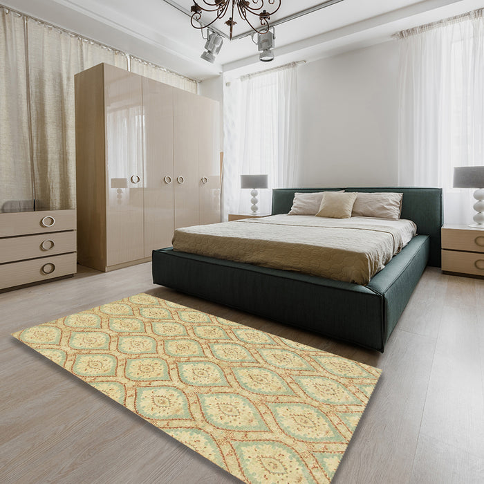 Machine Washable Abstract Brown Gold Rug in a Bedroom, wshabs2651
