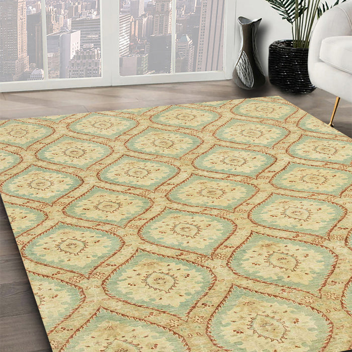 Abstract Brown Gold Oriental Rug in Family Room, abs2651