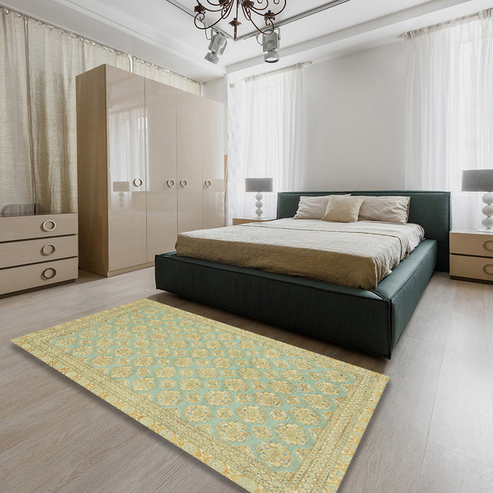 Machine Washable Abstract Metallic Gold Rug in a Bedroom, wshabs2652