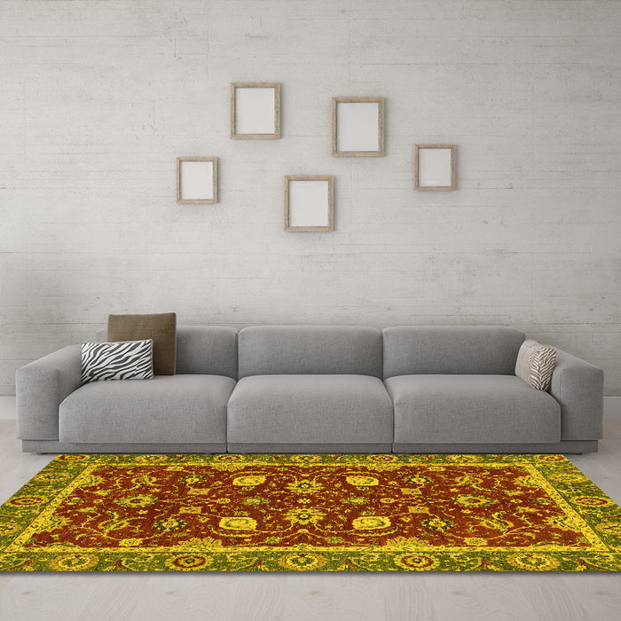 Machine Washable Oriental Yellow Modern Rug in a Living Room, wshabs2654yw