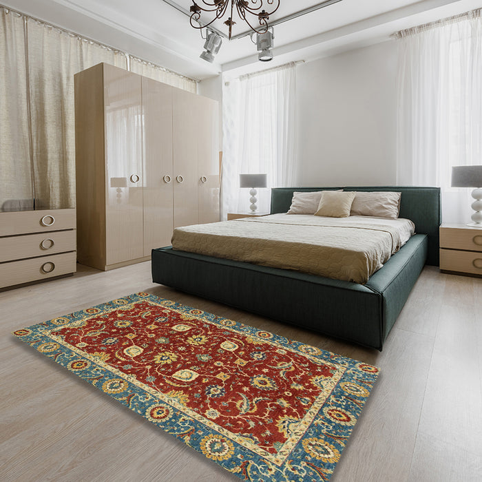 Machine Washable Abstract Brass Green Rug in a Bedroom, wshabs2654