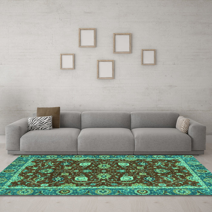 Machine Washable Oriental Turquoise Modern Area Rugs in a Living Room,, wshabs2654turq