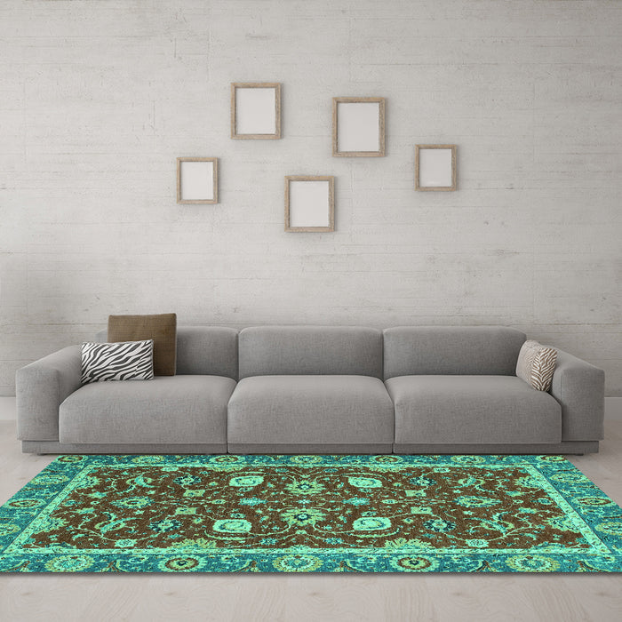 Machine Washable Oriental Turquoise Modern Area Rugs in a Living Room,, wshabs2655turq