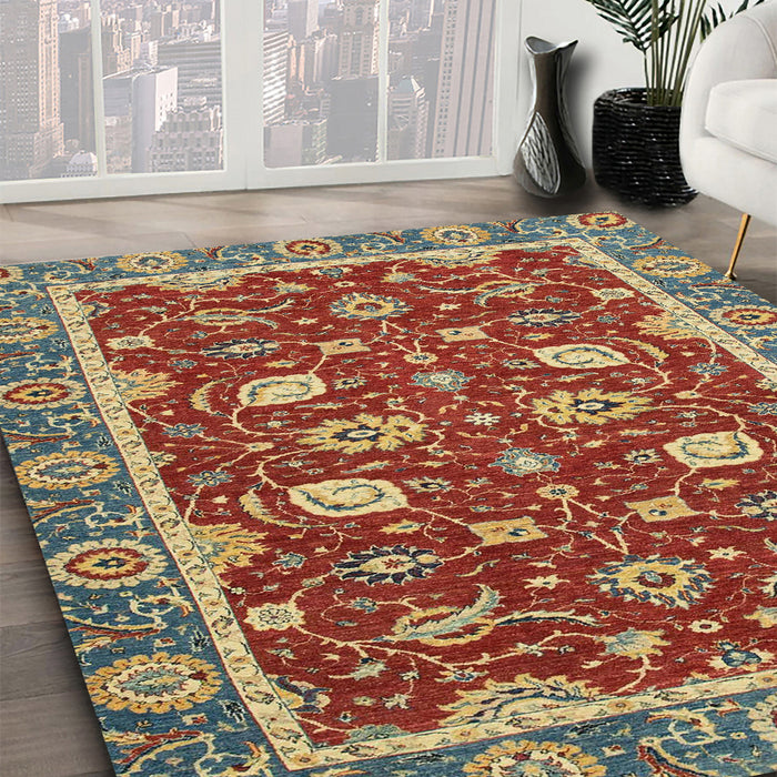 Abstract Copper Green Oriental Rug in Family Room, abs2655