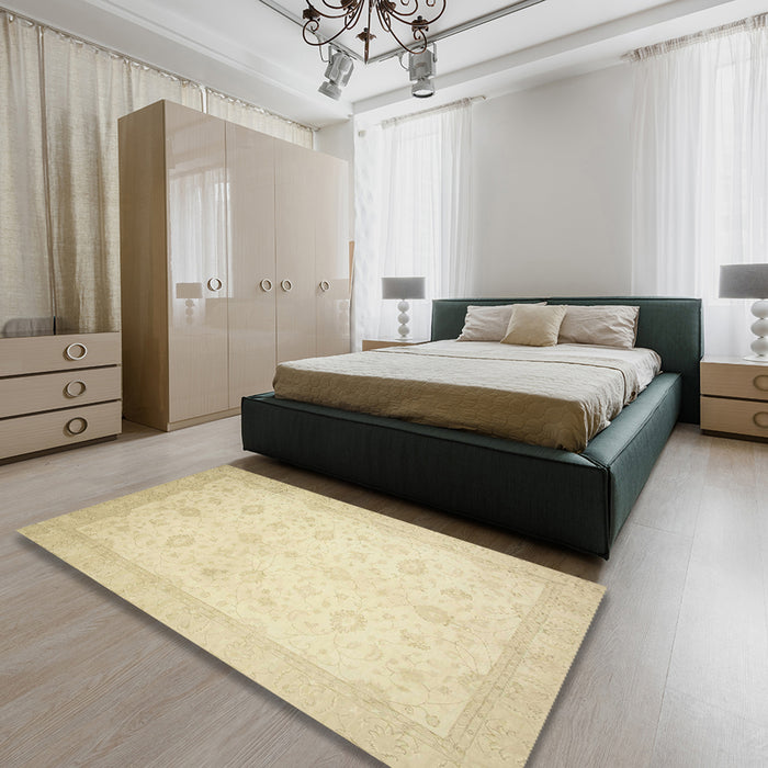 Abstract Khaki Gold Oriental Rug in a Bedroom, abs2662