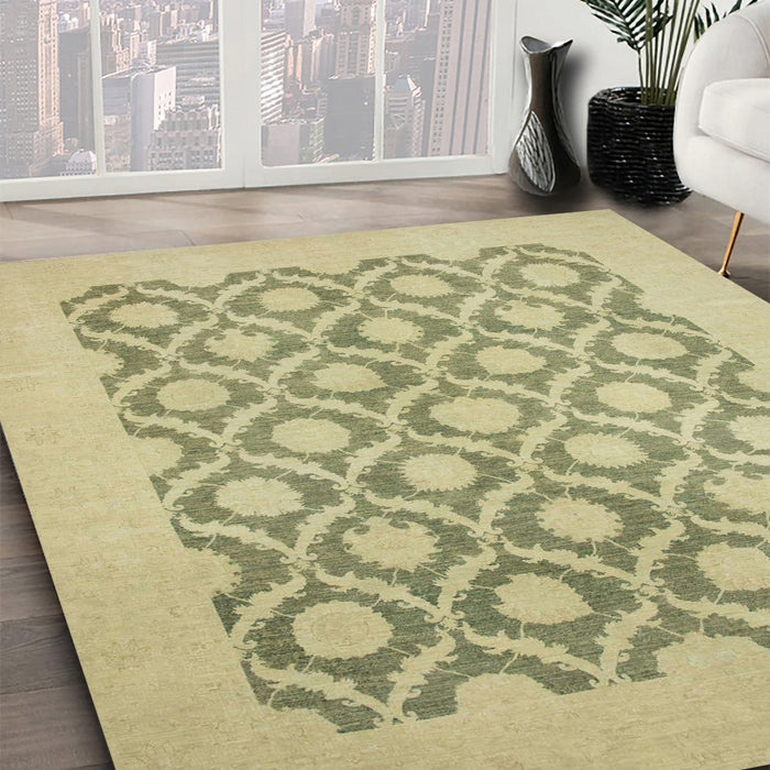 Abstract Copper Green Oriental Rug in Family Room, abs2664