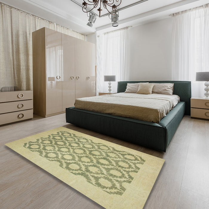 Machine Washable Abstract Brass Green Rug in a Bedroom, wshabs2664