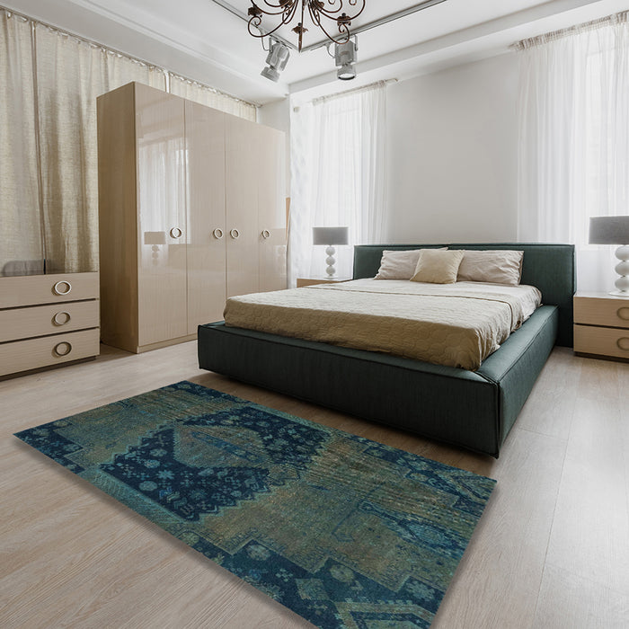 Machine Washable Abstract Deep Teal Green Rug in a Bedroom, wshabs2666