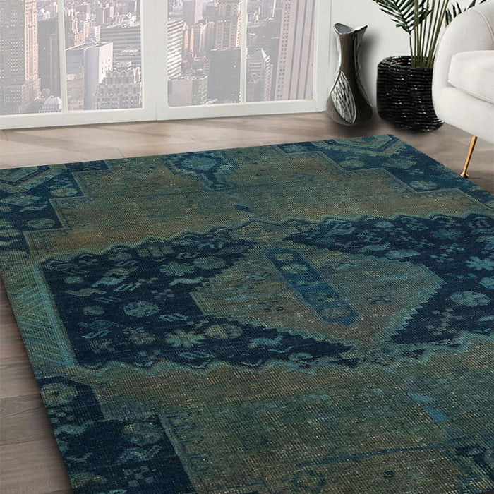 Machine Washable Abstract Deep Teal Green Rug in a Family Room, wshabs2666