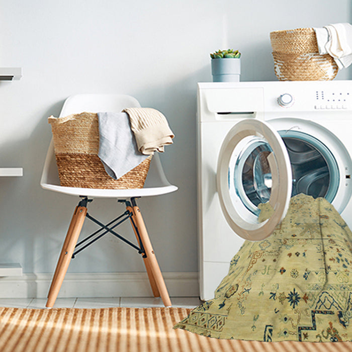 Machine Washable Abstract Brass Green Rug in a Washing Machine, wshabs2669