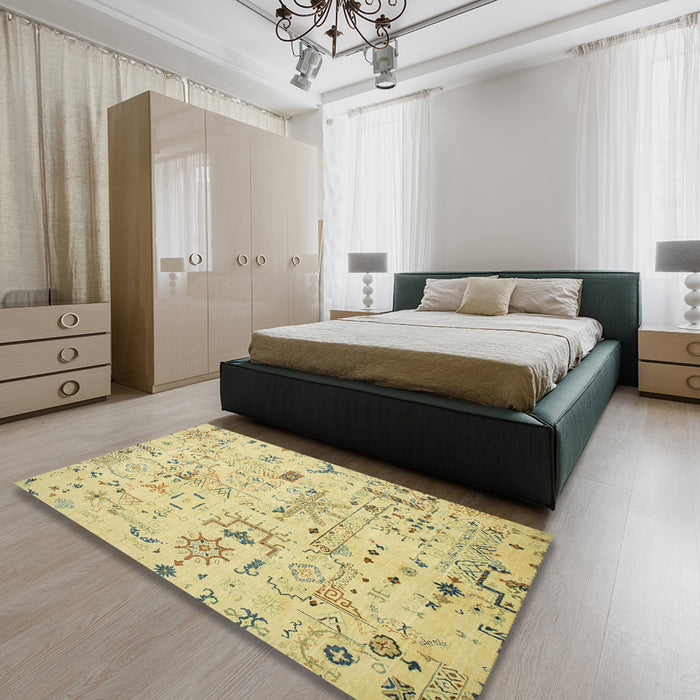 Machine Washable Abstract Brass Green Rug in a Bedroom, wshabs2669