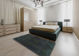 Abstract Gunmetal Green Persian Rug in a Bedroom, abs2670