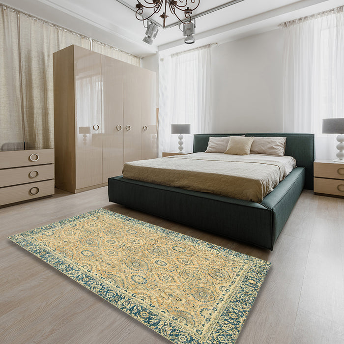 Abstract Brown Gold Oriental Rug in a Bedroom, abs2675