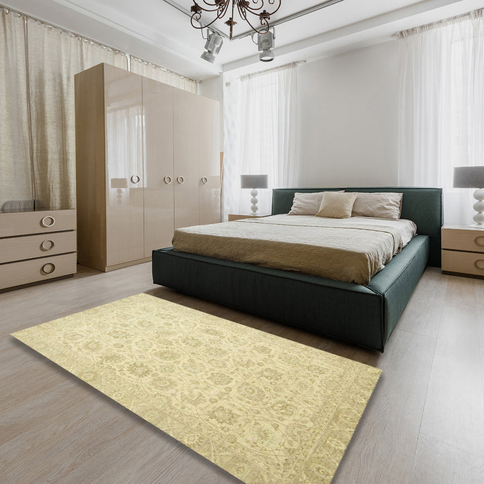Abstract Yellow Oriental Rug in a Bedroom, abs2677
