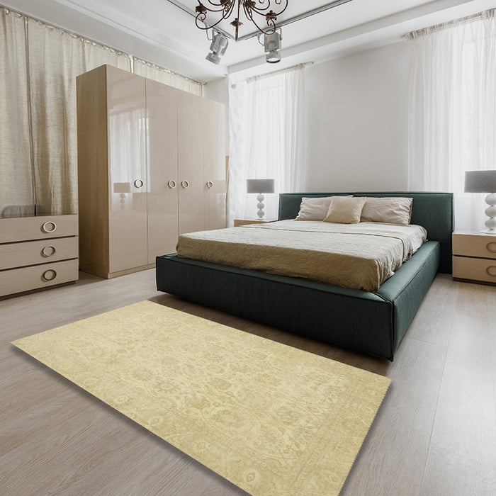 Abstract Brown Gold Oriental Rug in a Bedroom, abs2678