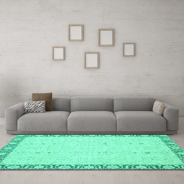 Machine Washable Oriental Turquoise Traditional Area Rugs in a Living Room,, wshabs2680turq