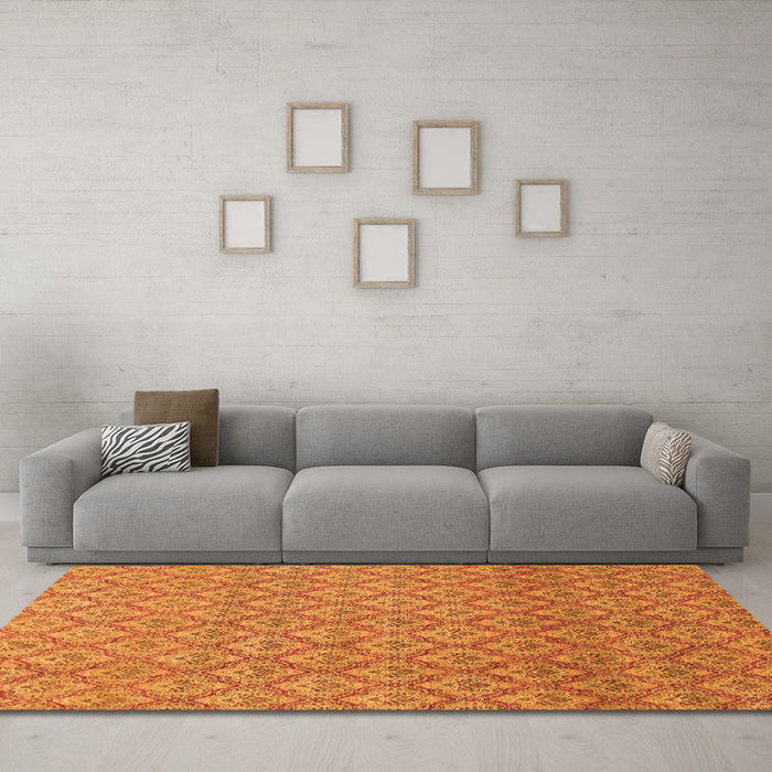 Machine Washable Abstract Orange Modern Area Rugs in a Living Room, wshabs2682org