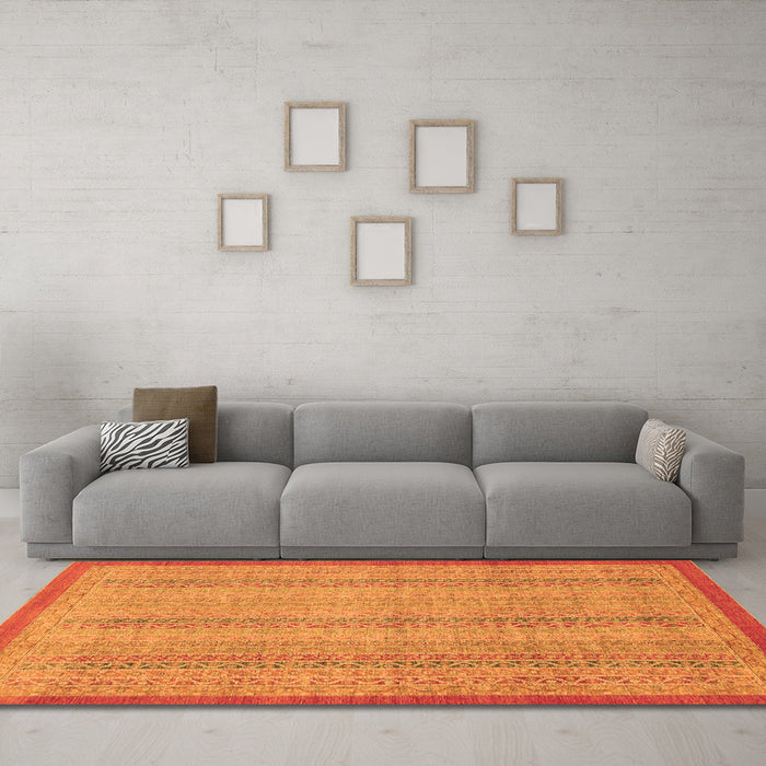 Machine Washable Abstract Orange Modern Area Rugs in a Living Room, wshabs2690org