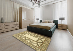 Abstract Brown Gold Modern Rug in a Bedroom, abs2692
