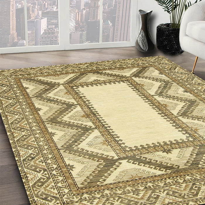 Abstract Brown Gold Modern Rug in Family Room, abs2692