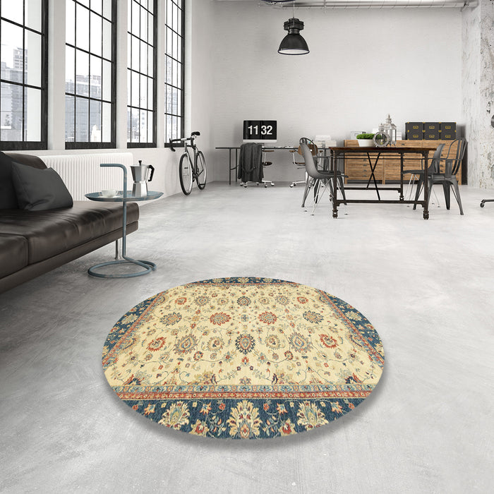Round Machine Washable Abstract Brown Gold Rug in a Office, wshabs2695
