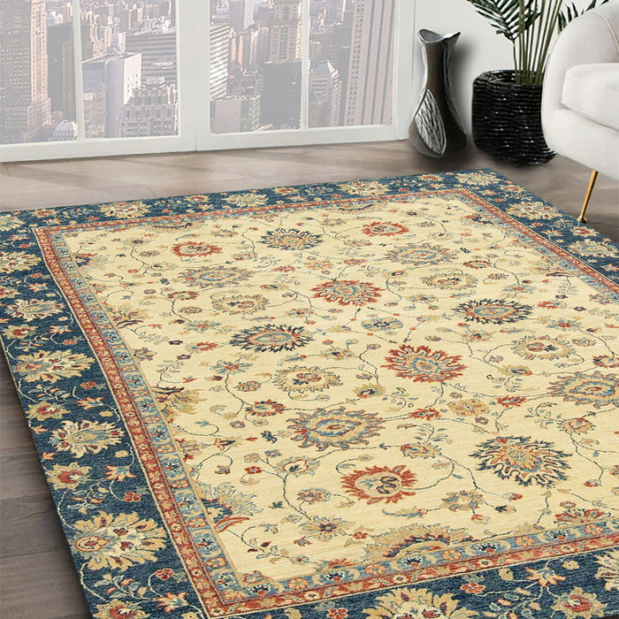 Abstract Brown Gold Oriental Rug in Family Room, abs2695