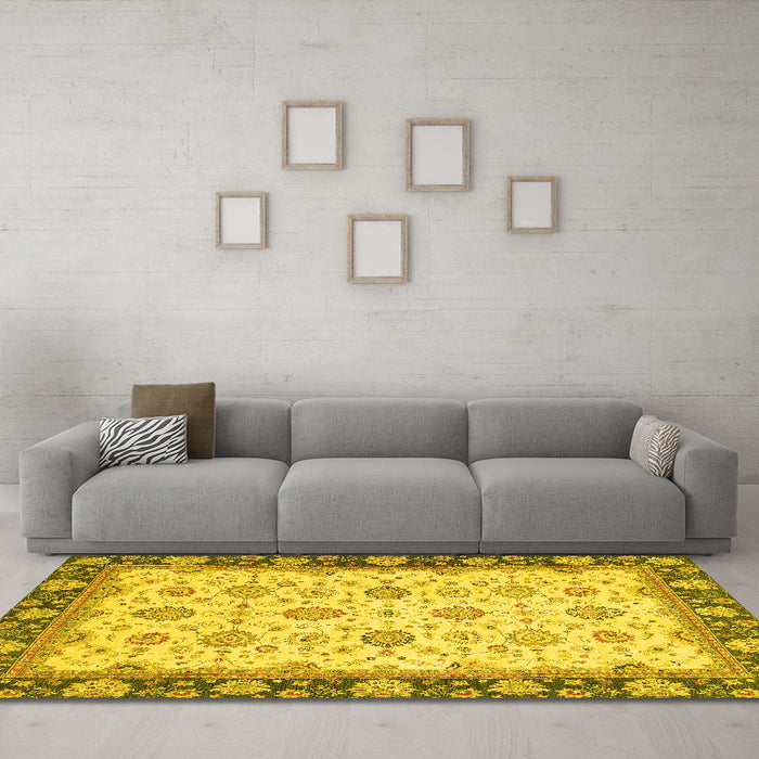 Machine Washable Oriental Yellow Traditional Rug in a Living Room, wshabs2695yw
