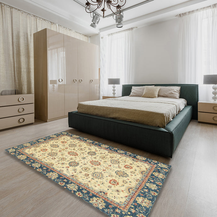 Machine Washable Abstract Brown Gold Rug in a Bedroom, wshabs2695
