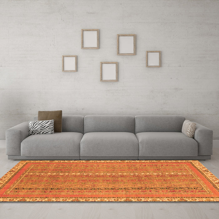 Machine Washable Abstract Orange Modern Area Rugs in a Living Room, wshabs2696org