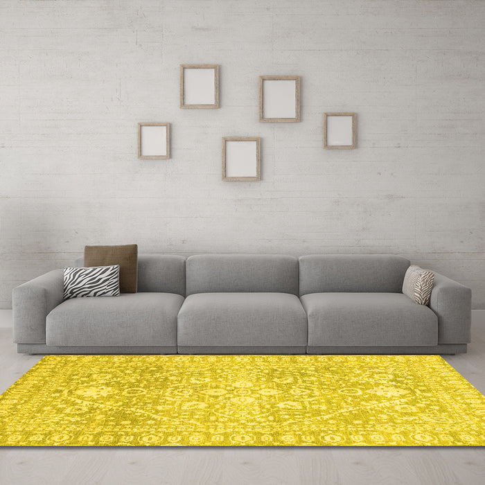 Machine Washable Oriental Yellow Traditional Rug in a Living Room, wshabs2697yw