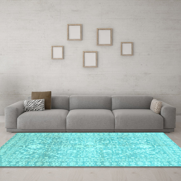 Machine Washable Oriental Light Blue Traditional Rug in a Living Room, wshabs2697lblu