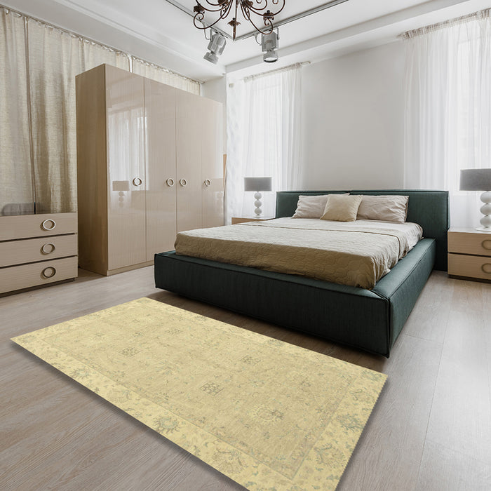 Abstract Mustard Yellow Oriental Rug in a Bedroom, abs2699