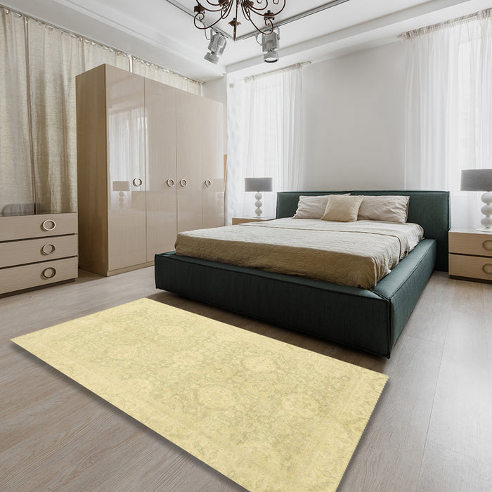 Machine Washable Abstract Mustard Yellow Rug in a Bedroom, wshabs2702