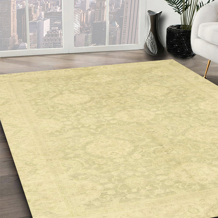 Abstract Mustard Yellow Oriental Rug in Family Room, abs2702