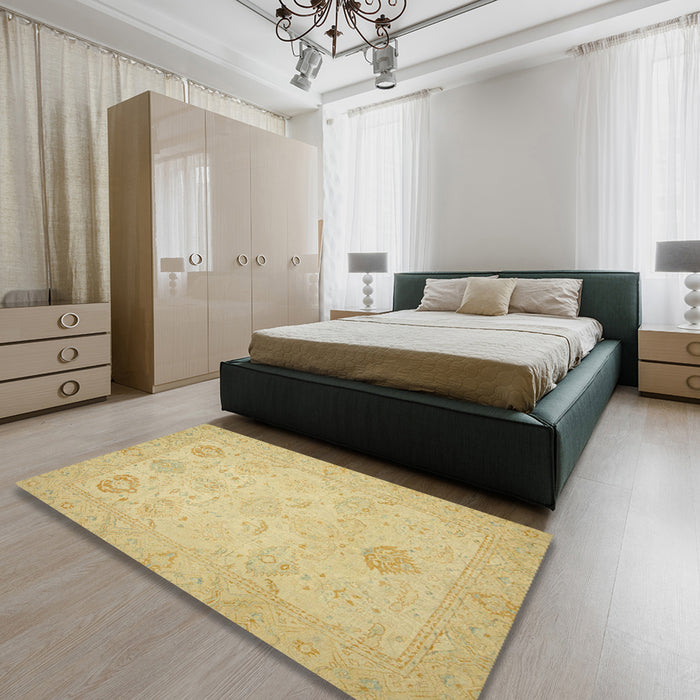 Abstract Gold Oriental Rug in a Bedroom, abs2707