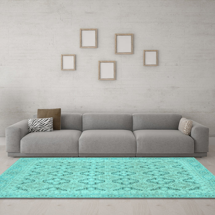 Machine Washable Oriental Light Blue Traditional Rug in a Living Room, wshabs2708lblu