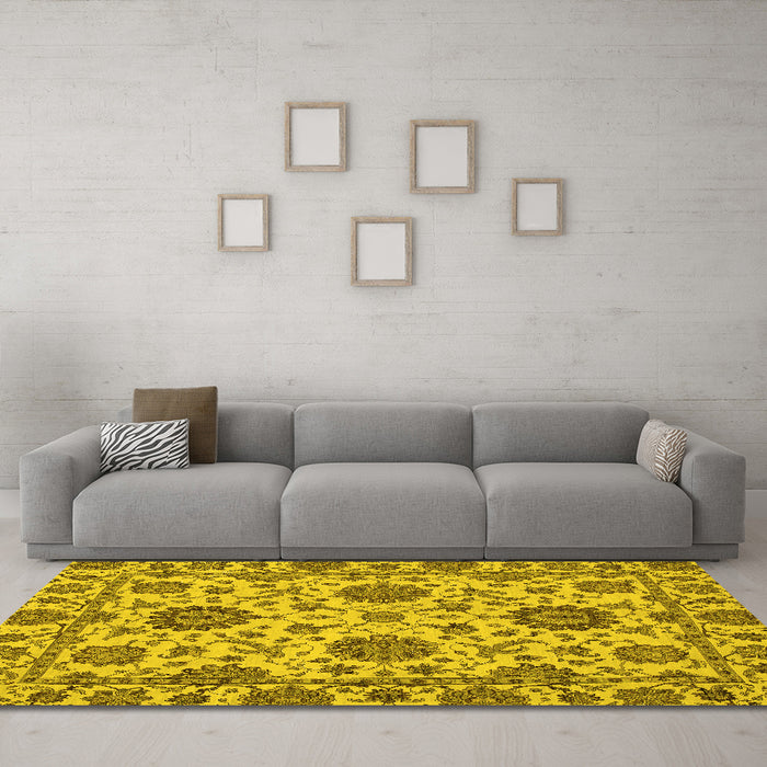 Machine Washable Oriental Yellow Traditional Rug in a Living Room, wshabs2709yw