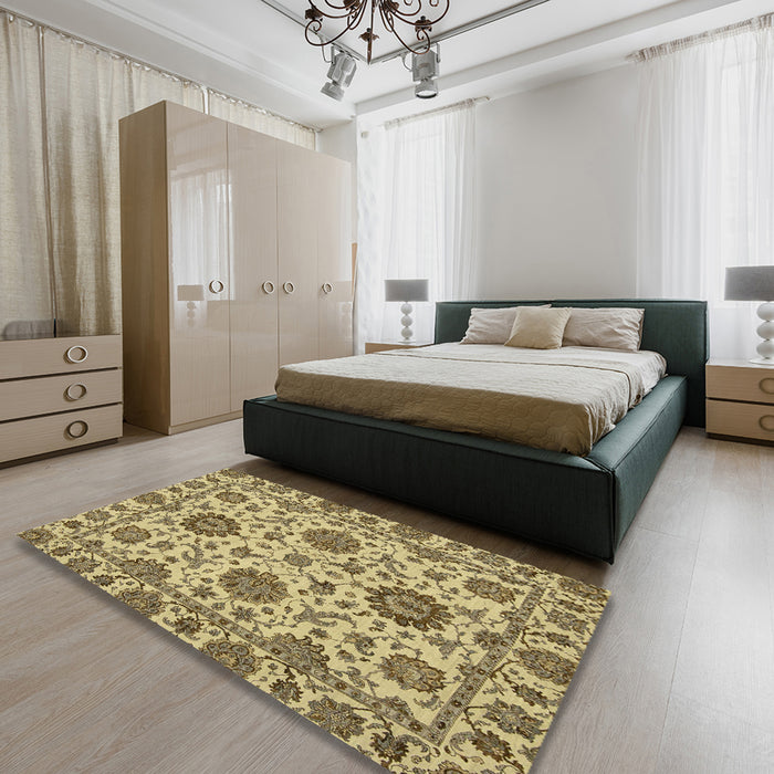 Abstract Chrome Gold Yellow Oriental Rug in a Bedroom, abs2709