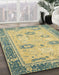 Abstract Chrome Gold Yellow Oriental Rug in Family Room, abs2711