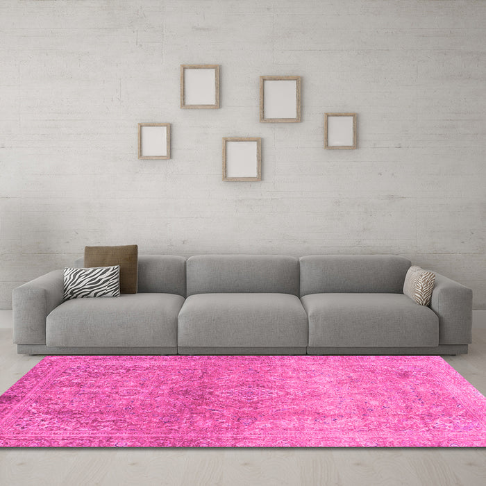 Machine Washable Oriental Pink Traditional Rug in a Living Room, wshabs2712pnk