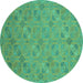 Round Machine Washable Oriental Turquoise Traditional Area Rugs, wshabs2715turq