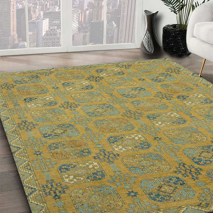Abstract Copper Green Oriental Rug in Family Room, abs2715