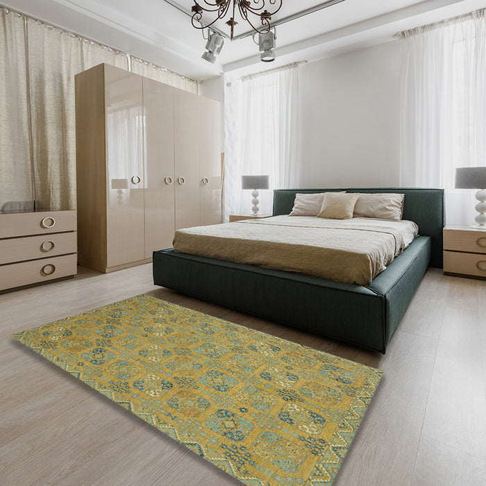 Machine Washable Abstract Brass Green Rug in a Bedroom, wshabs2715