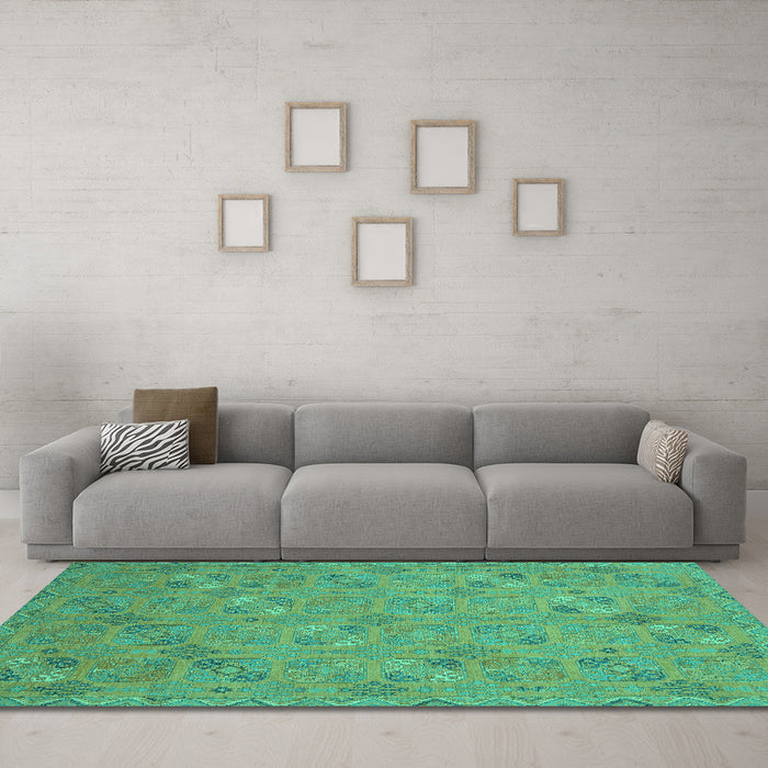 Machine Washable Oriental Turquoise Traditional Area Rugs in a Living Room,, wshabs2715turq