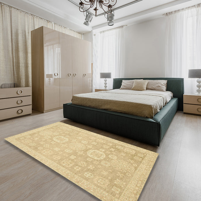 Abstract Mustard Yellow Oriental Rug in a Bedroom, abs2721
