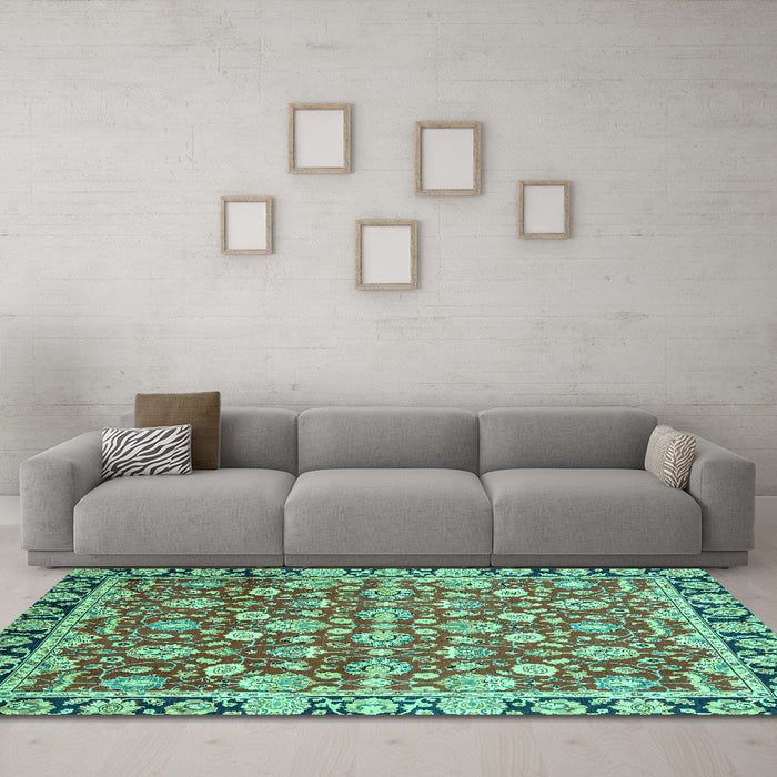 Machine Washable Oriental Turquoise Modern Area Rugs in a Living Room,, wshabs2722turq
