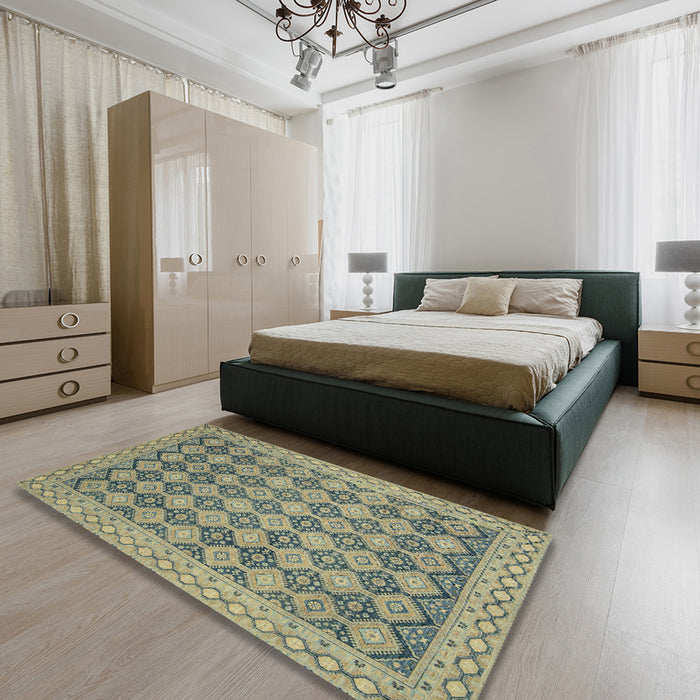 Abstract Dark Khaki Green Modern Rug in a Bedroom, abs2724