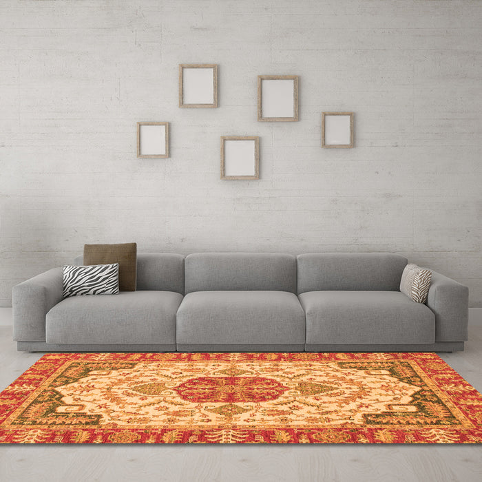 Machine Washable Abstract Orange Modern Area Rugs in a Living Room, wshabs2727org
