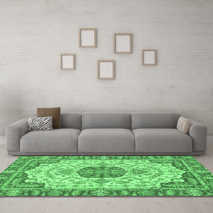 Machine Washable Abstract Emerald Green Modern Area Rugs in a Living Room,, wshabs2727emgrn